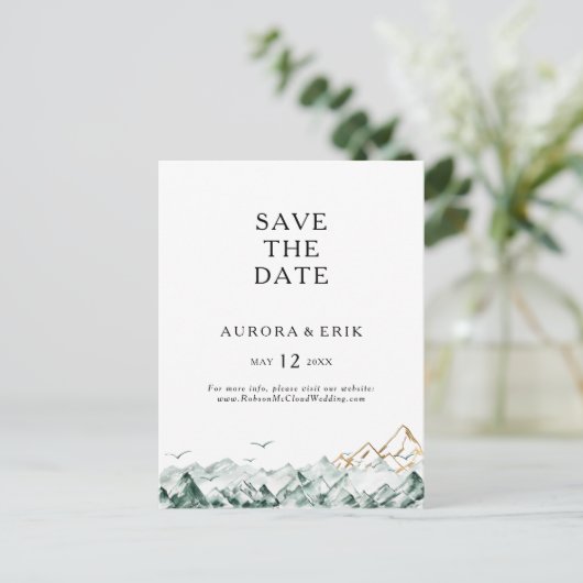 緑と金ゴールド山の日付はがきを保存 インビテーションポストカード (スタンド正面)