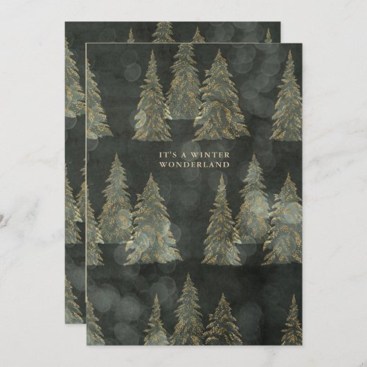 緑と金ゴールド常緑樹冬ワンダーランド シーズンカード (正面/裏面)