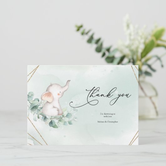 緑と金ゴールド幾何学模様の赤ちゃんシャワー サンキューカード (スタンド正面)