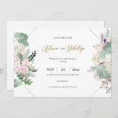 緑と金ゴールド幾何学的フローラ結婚の 招待状 (正面/裏面)