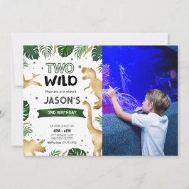 緑と金ゴールド恐竜の誕生日パーティーの写真 招待状