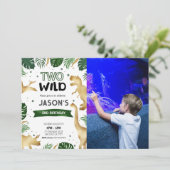 緑と金ゴールド恐竜の誕生日パーティーの写真 招待状 (スタンド正面)