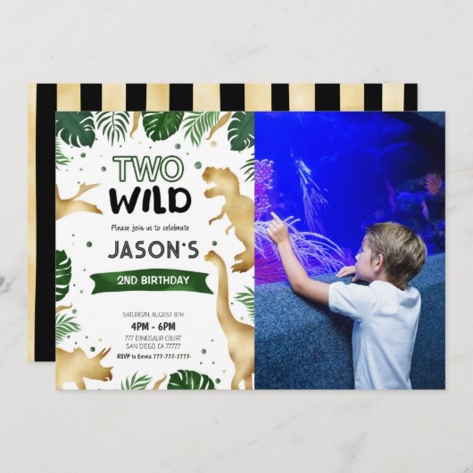 緑と金ゴールド恐竜の誕生日パーティーの写真 招待状 (正面/裏面)