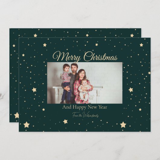 緑と金ゴールド星空の夜の写真クリスマス シーズンカード (正面/裏面)