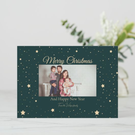 緑と金ゴールド星空の夜の写真クリスマス シーズンカード (スタンド正面)
