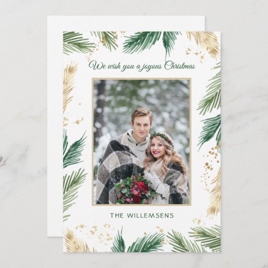 緑と金ゴールド松の針クリスマスフォト シーズンカード (正面/裏面)
