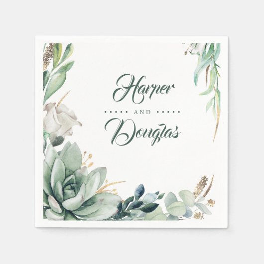 緑と金ゴールド植物優雅な結婚式 スタンダードカクテルナプキン (正面)