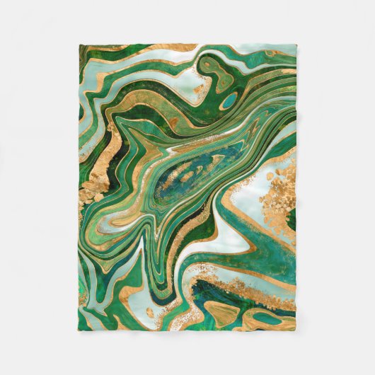 緑と金ゴールド液大理石抽象芸術 フリースブランケット (正面)