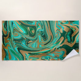 緑と金ゴールド液大理石 ビーチタオル
