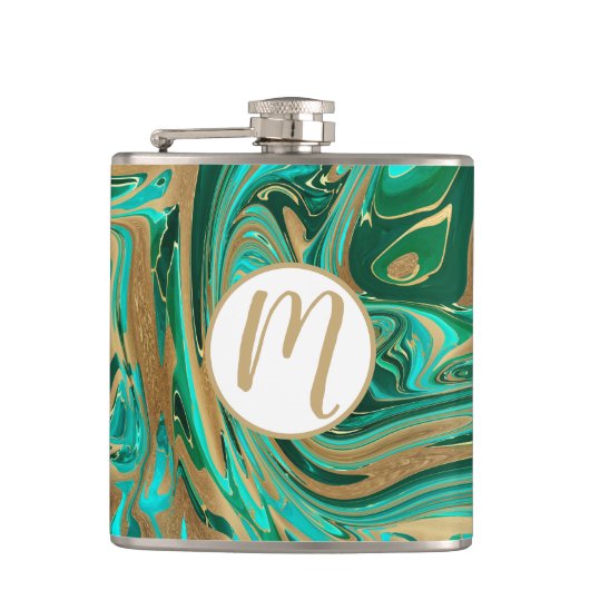 緑と金ゴールド液大理石 フラスク (正面)