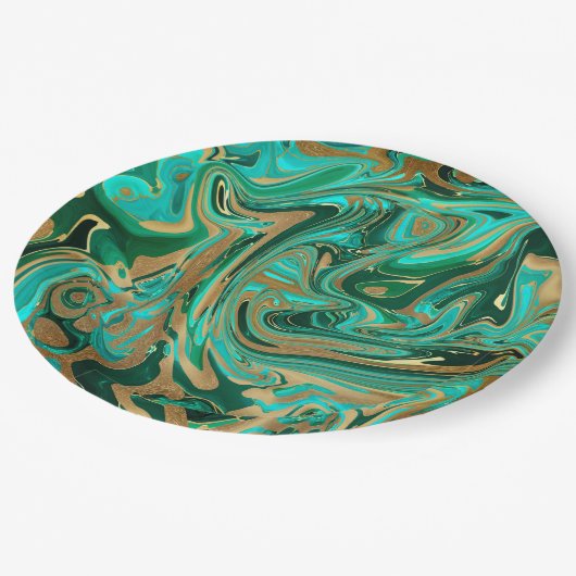 緑と金ゴールド液大理石 ペーパープレート (アングル)