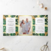 緑と金ゴールド熱帯モンステ葉ラ結婚の 三つ折り招待状 (内部)