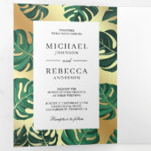 緑と金ゴールド熱帯モンステ葉ラ結婚の 三つ折り招待状 (内部最初)