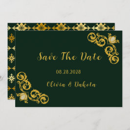 緑と金ゴールド王室のの結婚式は日付カードを保存 招待状