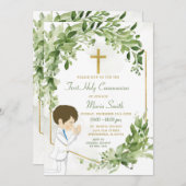 緑と金ゴールド祈の初の聖餐式 招待状 (正面/裏面)