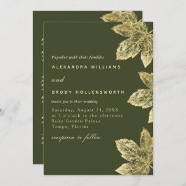 緑と金ゴールド素朴の葉が一つの葉の中に結婚入る 招待状