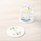 緑と金ゴールド結婚のモノグラム ラウンドペーパーコースター (インサイチュ)