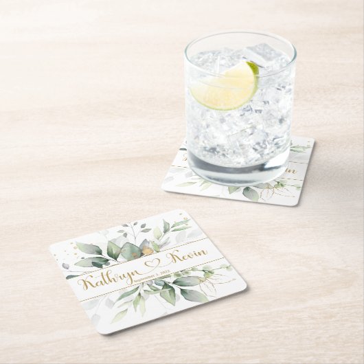 緑と金ゴールド結婚の葉の正方形 スクエアペーパーコースター (インサイチュ)