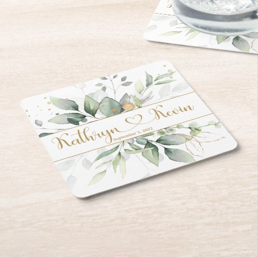 緑と金ゴールド結婚の葉の正方形 スクエアペーパーコースター (アングル)