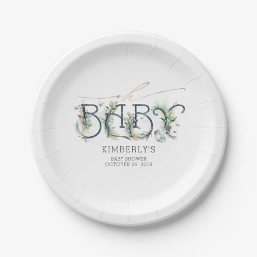 緑と金ゴールド葉赤ちゃんシャワー ペーパープレート (正面)