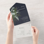 緑と金ゴールド葉 |ダークネイビーシールと送信A オールインワン招待状 (貼ってはがせる)