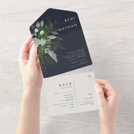 緑と金ゴールド葉 |ダークネイビーシールと送信A オールインワン招待状 (貼ってはがせる)