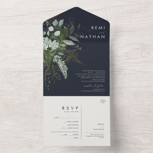 緑と金ゴールド葉 |ダークネイビーシールと送信A オールインワン招待状 (内側)