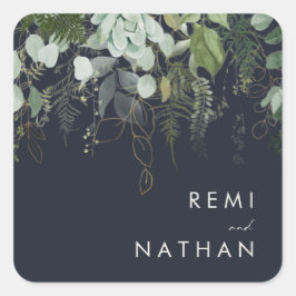 緑と金ゴールド葉 |ダークネイビー封筒用シール スクエアシール