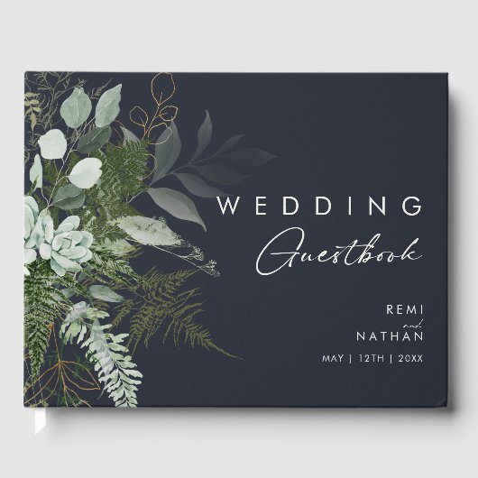 緑と金ゴールド葉 |ダークネイビー結婚ズ ゲストブック (正面)