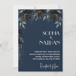 緑と金ゴールド葉 |ダークネイビー結婚ズ 招待状