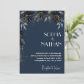 緑と金ゴールド葉 |ダークネイビー結婚ズ 招待状 (スタンド正面)