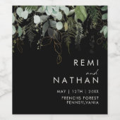 緑と金ゴールド葉 |ブラック結婚ズ ワインラベル (シングルラベル)