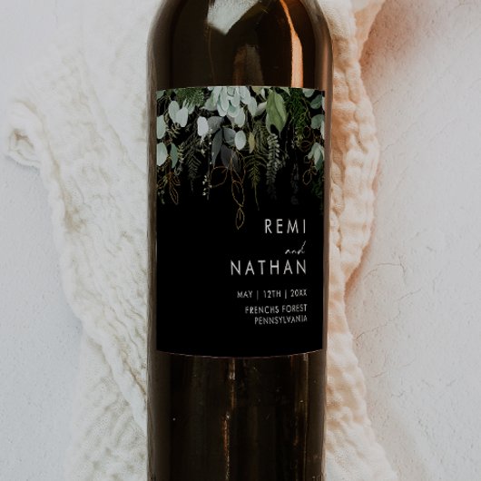 緑と金ゴールド葉 |ブラック結婚ズ ワインラベル