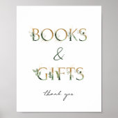 緑と金ゴールド赤ちゃんシャワー本とギフトサイン ポスター (正面)