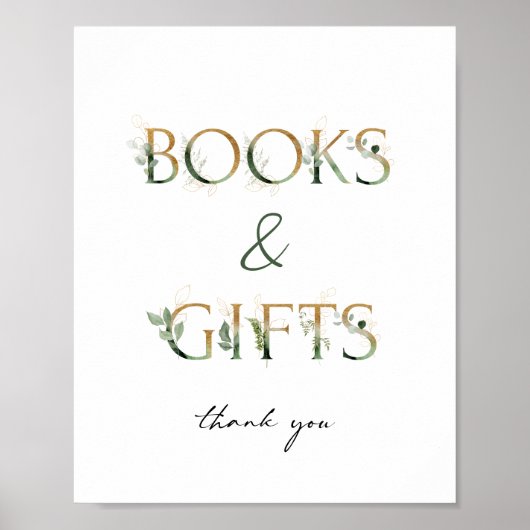 緑と金ゴールド赤ちゃんシャワー本とギフトサイン ポスター (正面)