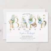 緑と金ゴールド·サファリ動物のベビーシャワー 招待状 (正面)