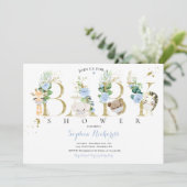 緑と金ゴールド·サファリ動物のベビーシャワー 招待状 (スタンド正面)