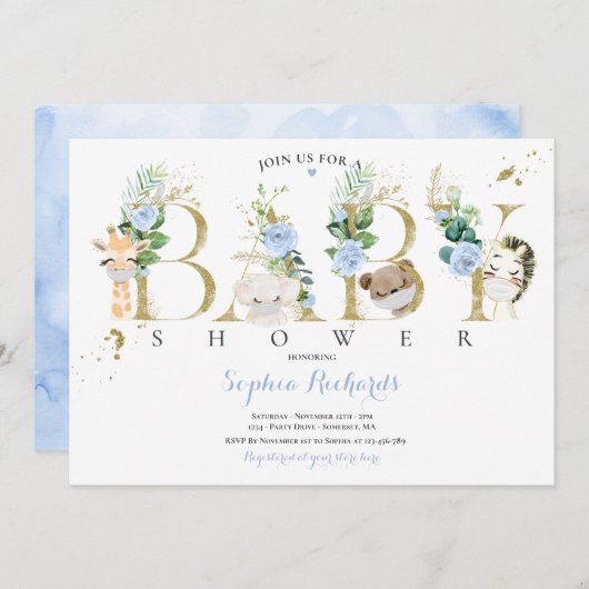 緑と金ゴールド·サファリ動物のベビーシャワー 招待状 (正面/裏面)