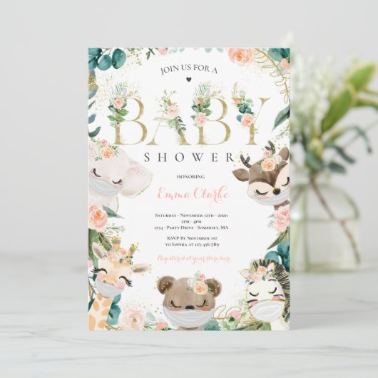 緑と金ゴールド・サファリ動物のベビーシャワー 招待状 (スタンド正面)