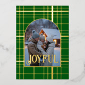 緑と金チェックのクリスマスホリデー写真 箔シーズンカード (正面)