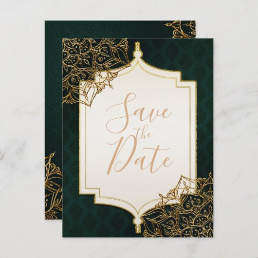 緑と金色のモロッコのアラビアンナイト セーブ・ザ・デート 案内ポストカード (正面/裏面)