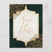 緑と金色のモロッコのアラビアンナイト セーブ・ザ・デート 案内ポストカード (正面)
