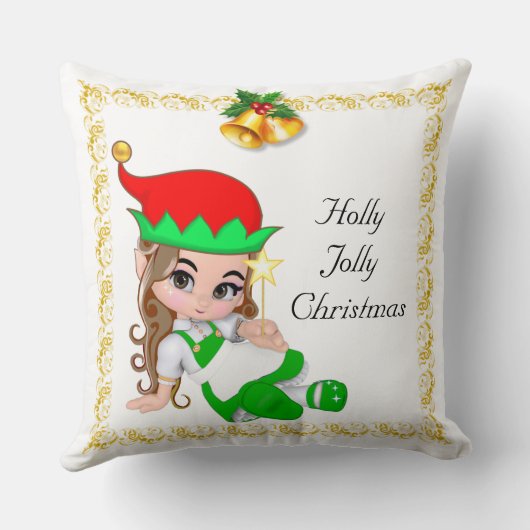 緑と金色の鐘を着たクリスマスの妖精 クッション (裏面)
