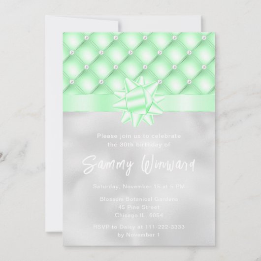 緑と銀のタフテッド真珠の誕生日パーティー 招待状 (裏面)