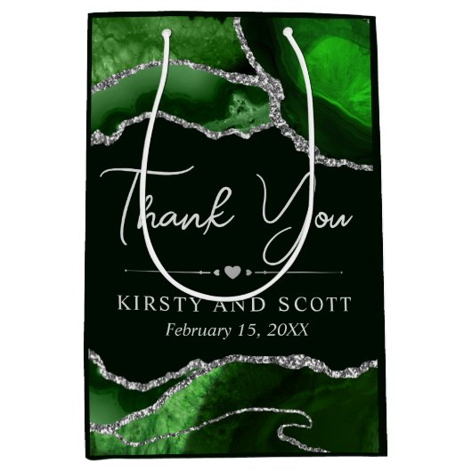 緑と銀のフェイクグリッターアゲ結婚ート ミディアムペーパーバッグ (正面)