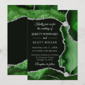 緑と銀のフェイクグリッターアゲ結婚ート 招待状 (正面/裏面)