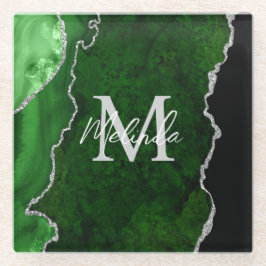 緑と銀の大理石瑪瑙 ガラスコースター