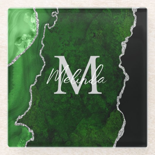緑と銀の大理石瑪瑙 ガラスコースター (正面)
