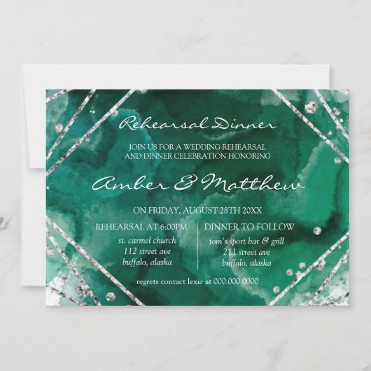 緑と銀の幾何リハーサルディナー 招待状 (正面)
