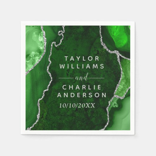 緑と銀の瑪瑙の大理石結婚の スタンダードカクテルナプキン (正面)